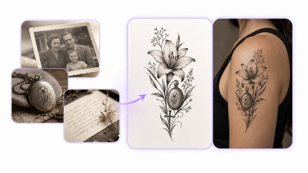 Tat Ink Free AI Image to Tattoo Generator – same image in realism and line art styles